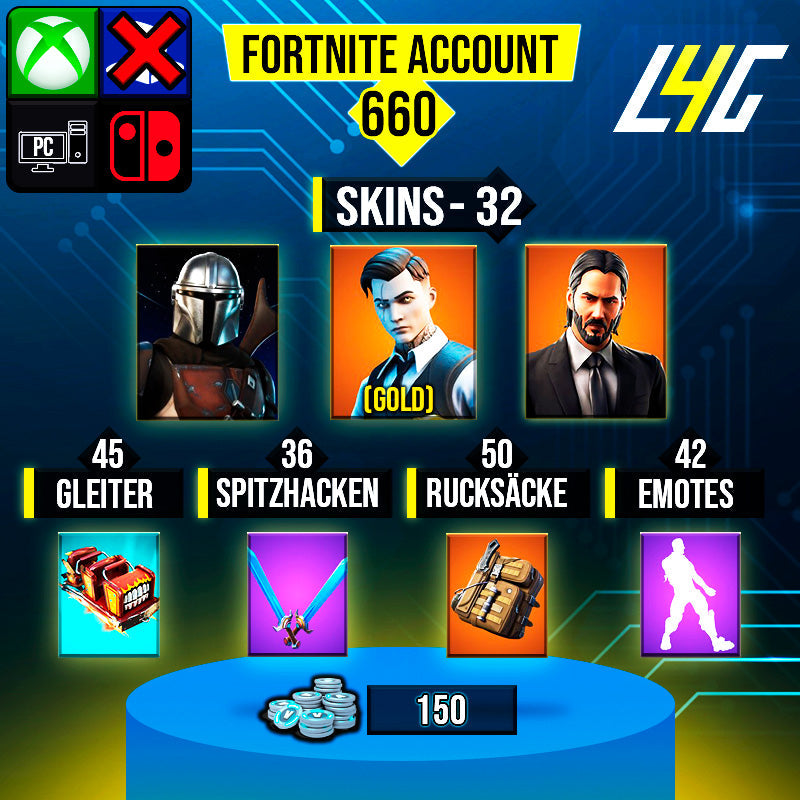 Fortnite Custom Account - 32 Skins | Gold Midas | John Wick