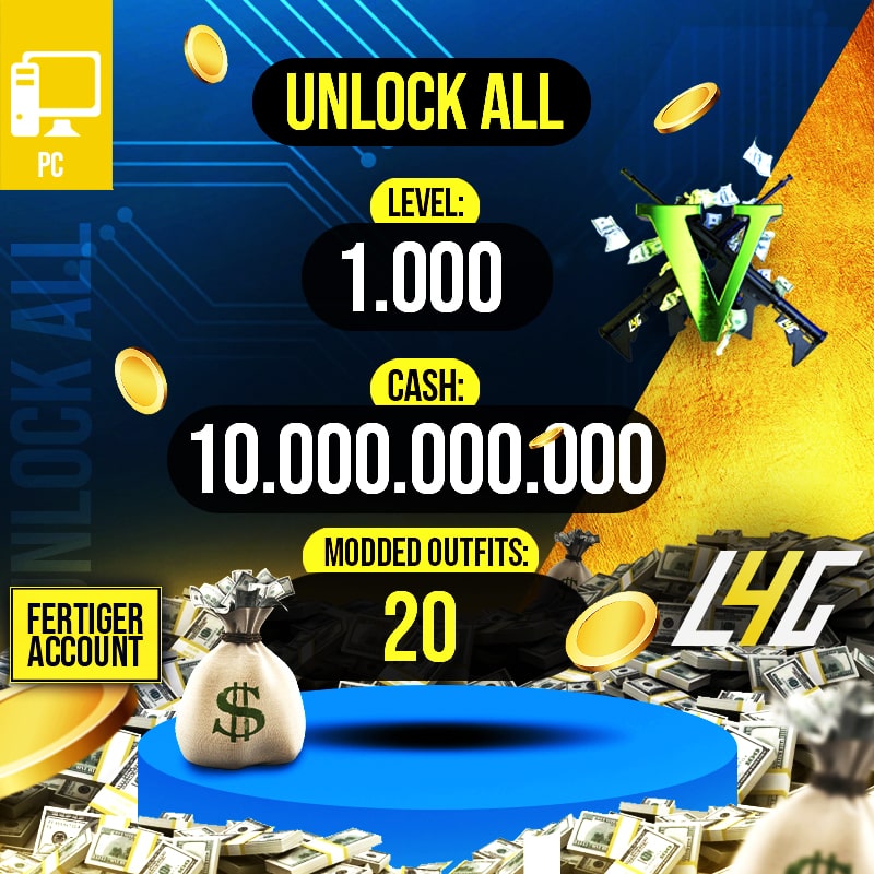 PC - GTA V Game + Account 10 Mrd. GTA$ + Rang 1000 + 20