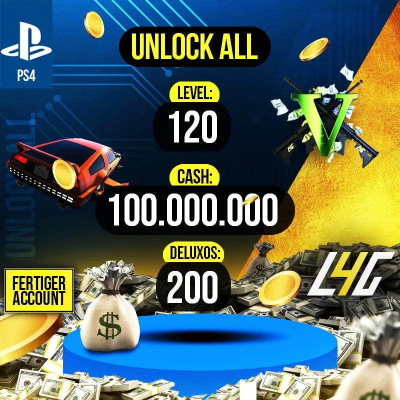 PS4 - GTA V Account Rang 120 100 Millionen GTA$ + 200 Deluxo